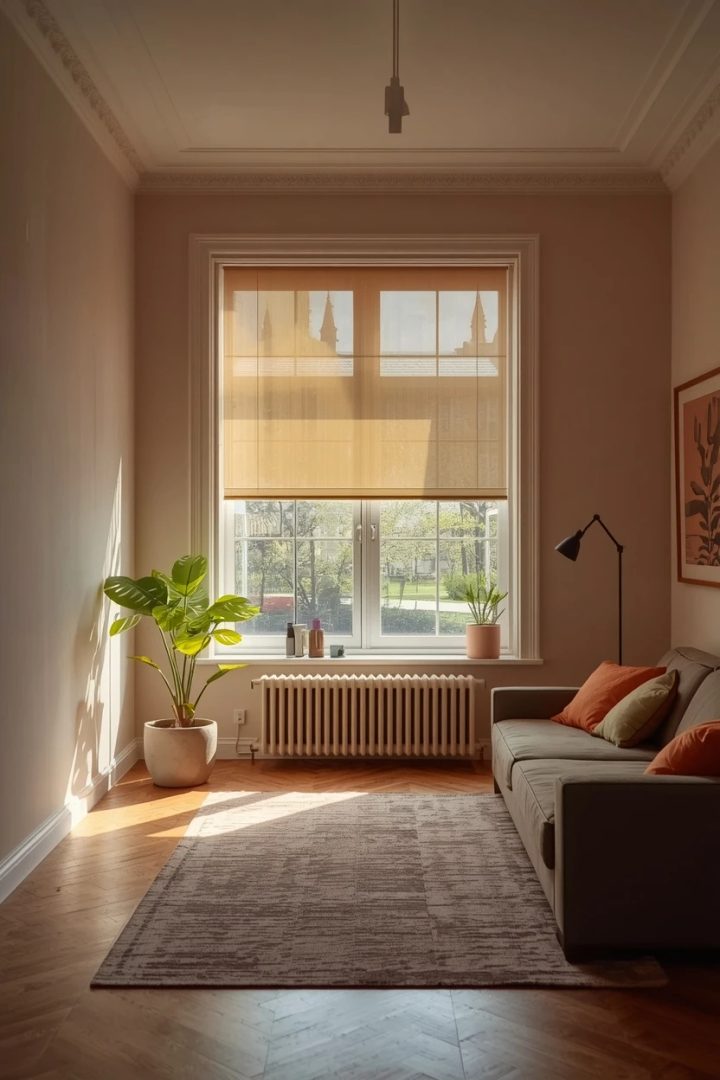 living room window covering ideas with a minimal roller blind