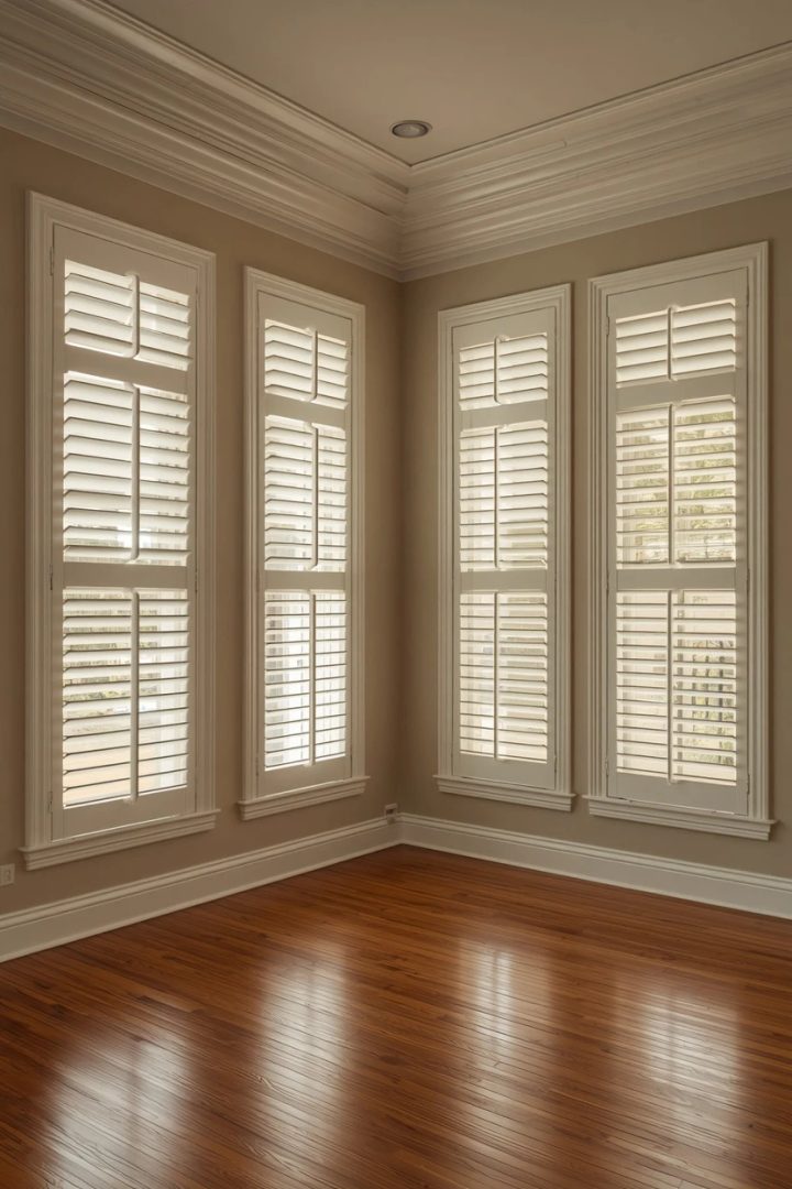 living room window covering ideas with plantation shutters