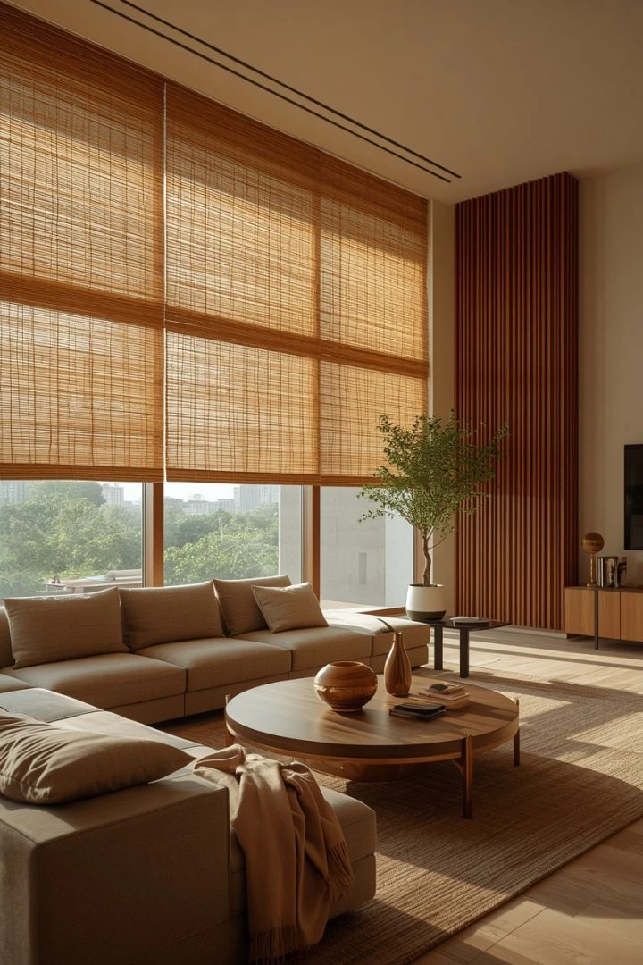 living room window covering ideas with woven wood bamboo shades for texture