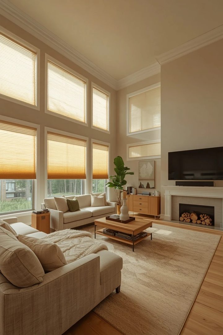 living room window covering ideas with cellular honeycomb shades for insulation
