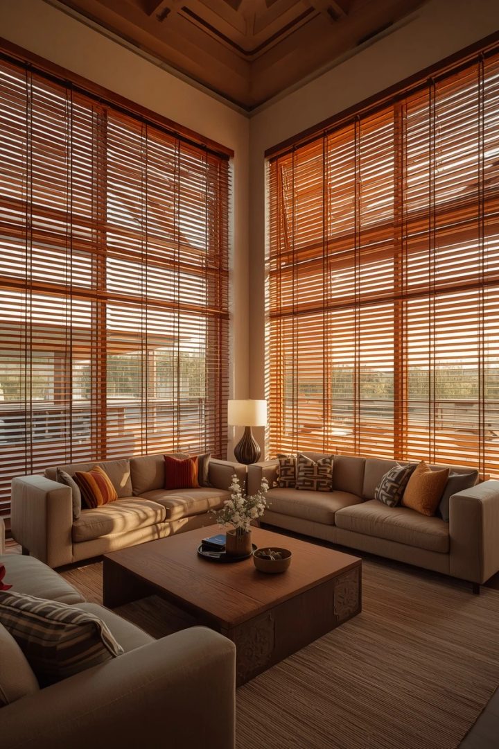 living room window covering ideas with wood venetian blinds for adjustable light