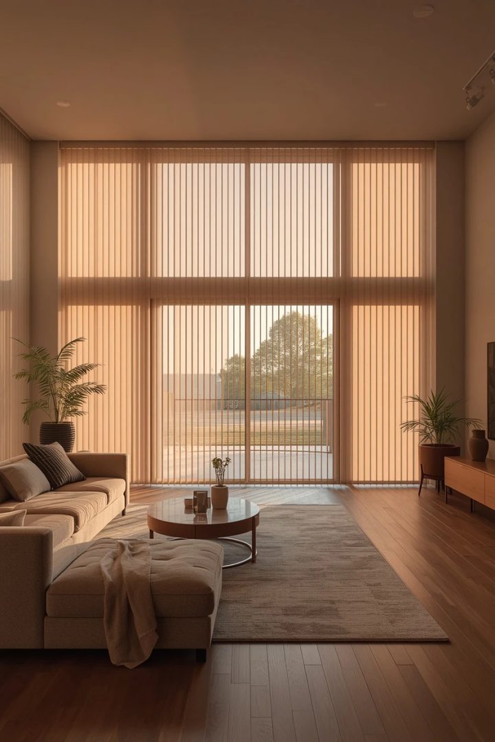 living room window covering ideas with vertical blinds on wide patio doors