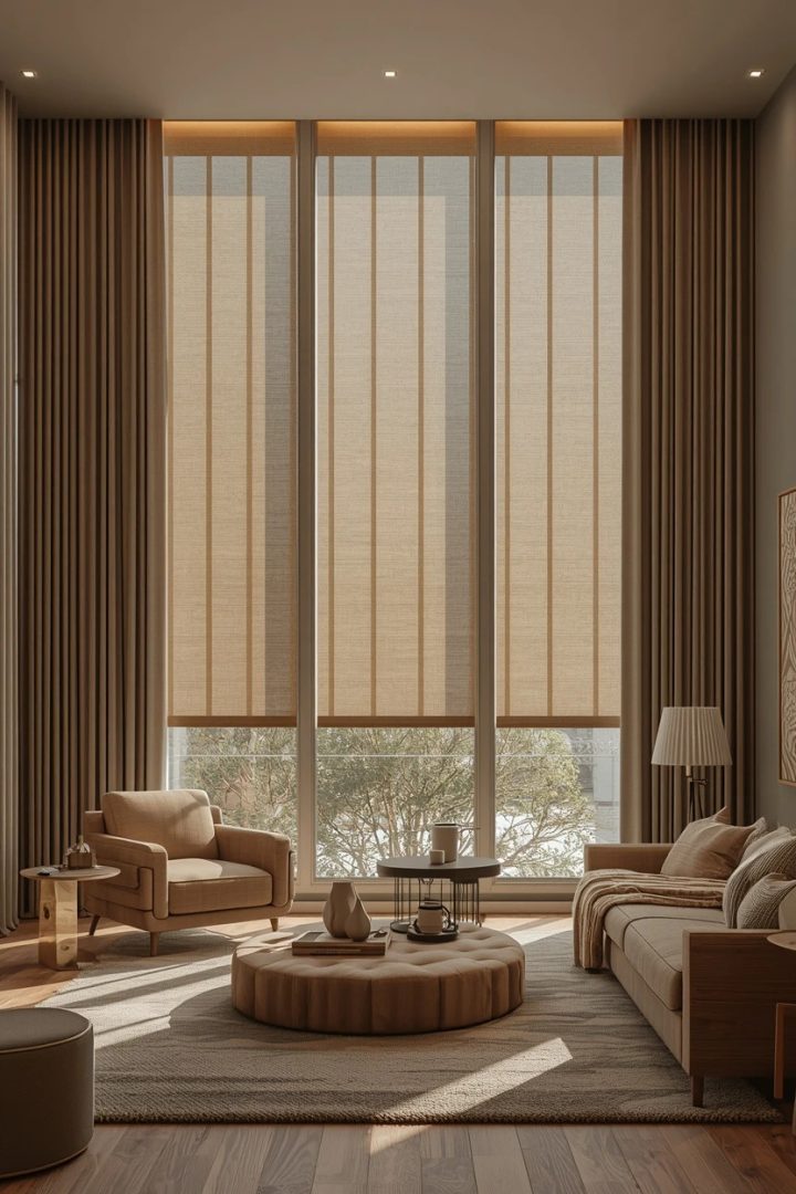 living room window covering ideas with motorised blinds on a tall window