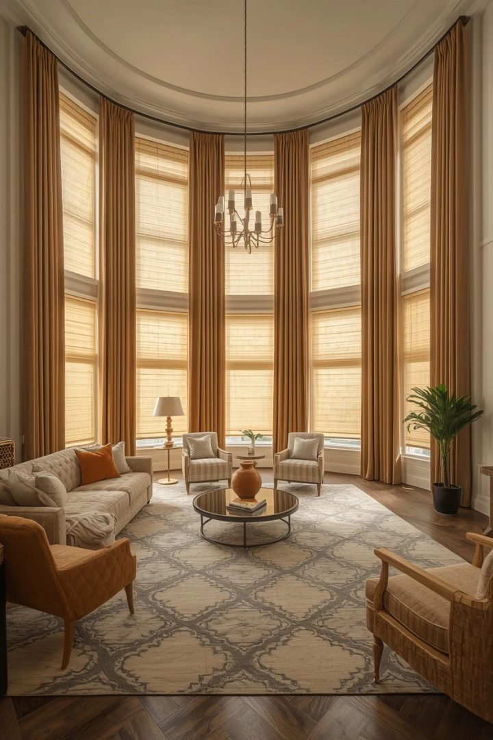 living room window covering ideas kept cohesive across multiple windows