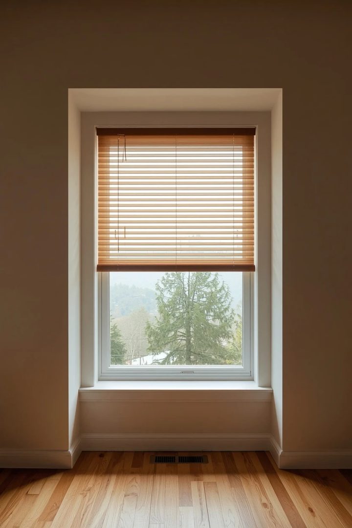 living room window covering ideas with an inside recess-mounted blind