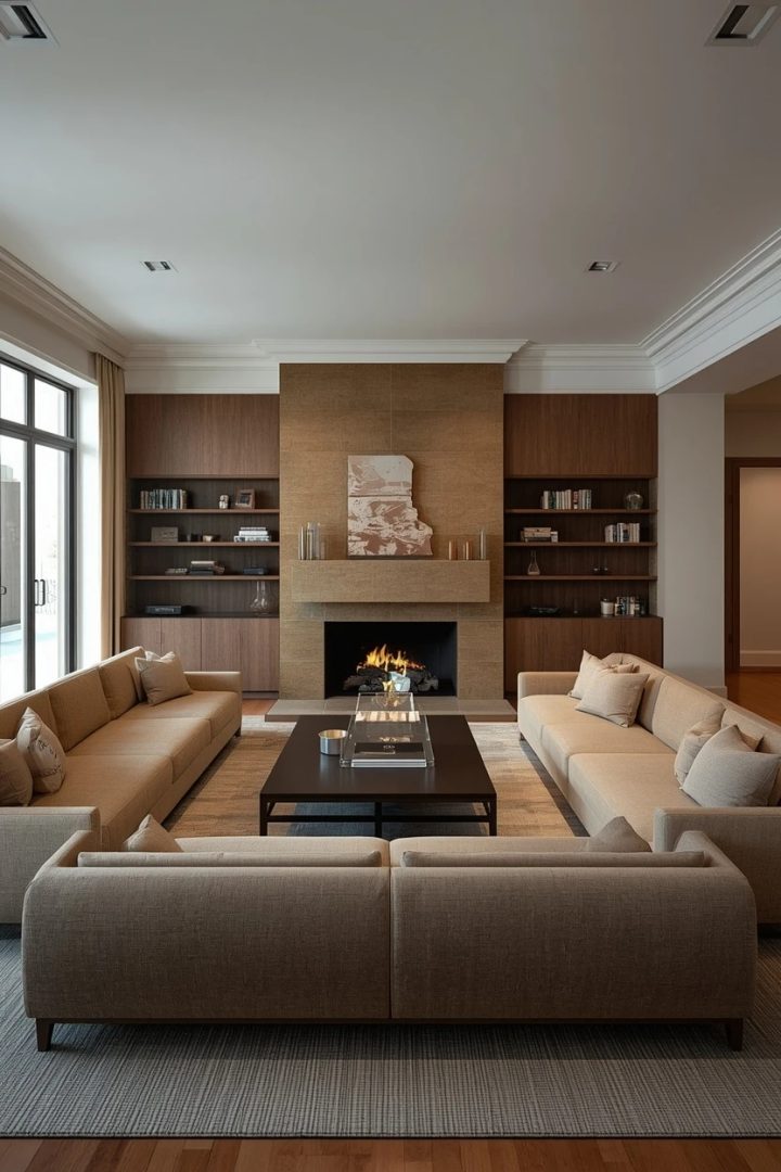 living room layout with seating arranged around a fireplace focal point