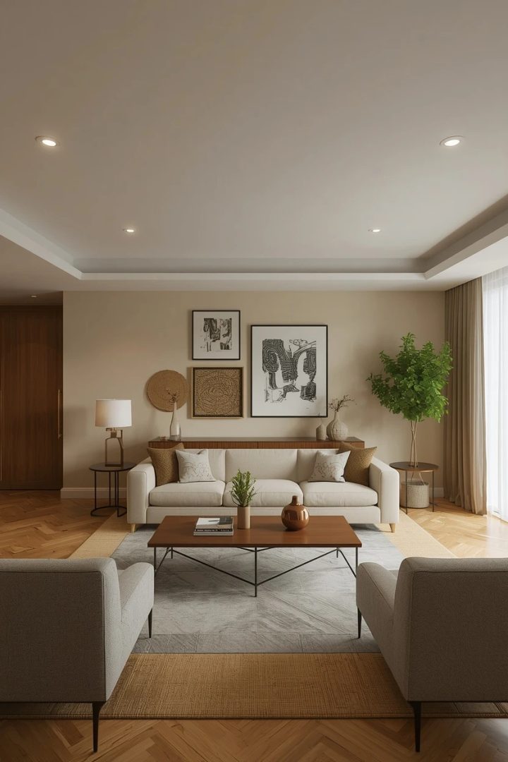 symmetrical living room layout with two matching sofas facing each other
