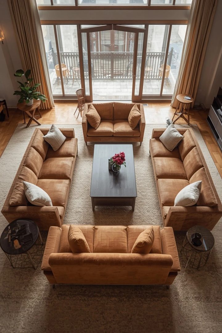 living room layout for a long narrow room split into two zones