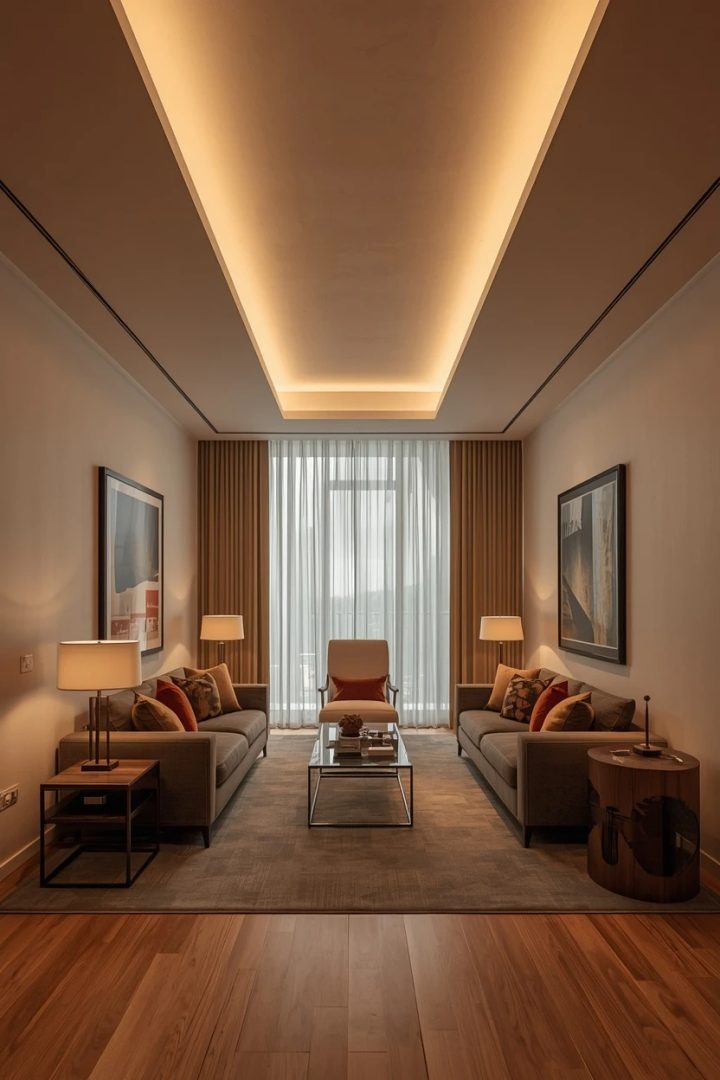 square living room layout with a centred seating group and large rug