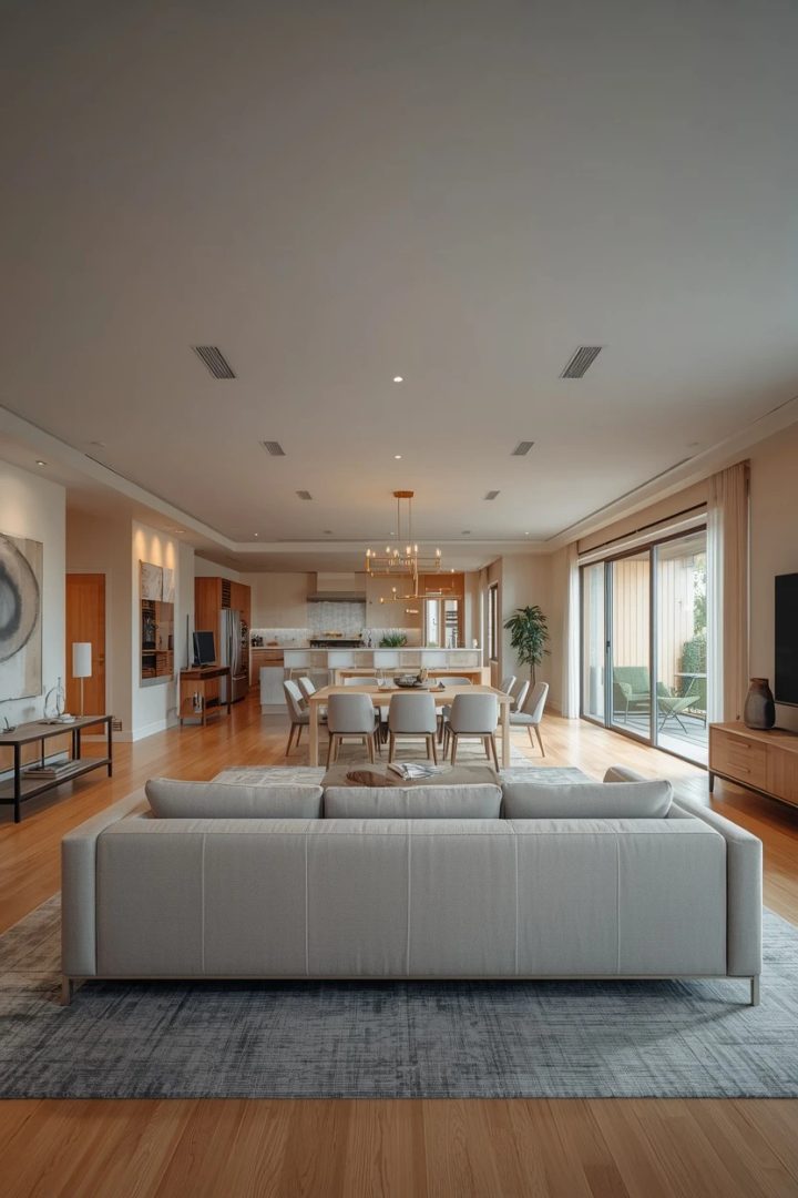 open-plan living room layout zoned from the dining and kitchen area