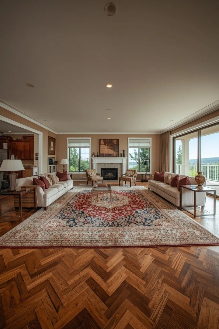 living room layout ideas with a large rug anchoring the seating
