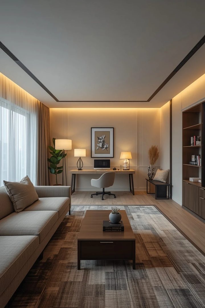 multi-functional living room layout with a desk and reading corner