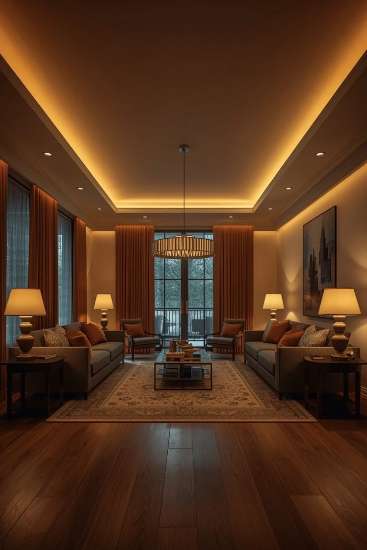 living room layout with layered lighting across each zone