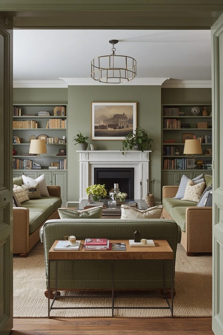 living room arrangement anchored to a fireplace focal point