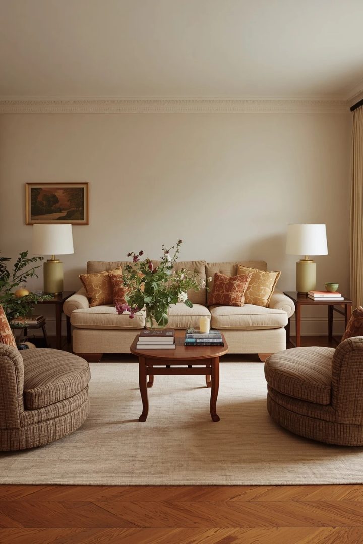 living room arrangement with a large sofa balanced by two armchairs