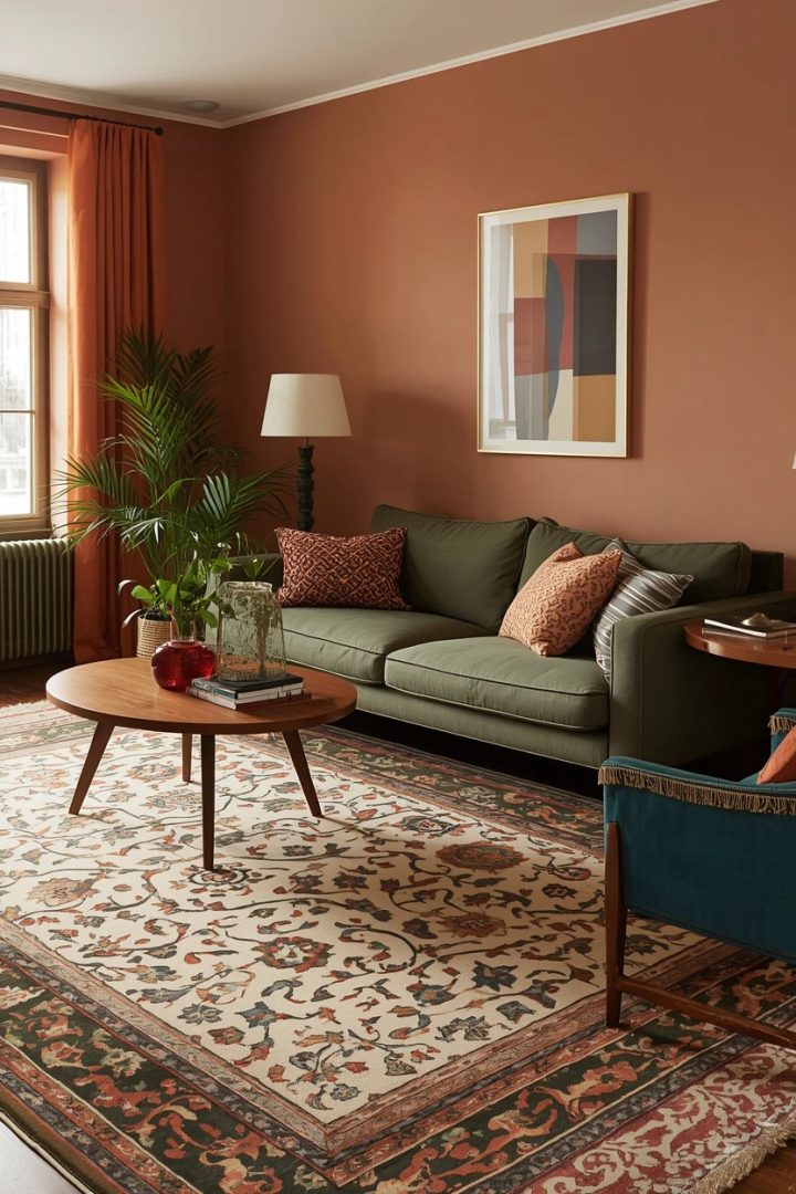 living room arrangement grounded on a large patterned rug
