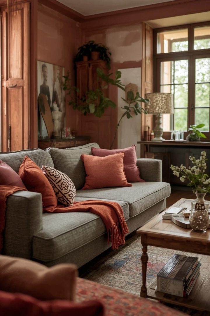 grey settee living room with terracotta and rust accents