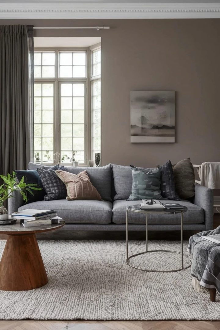 grey settee styled with layered tonal greys