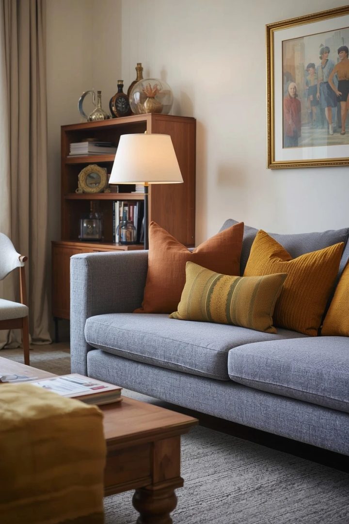 grey settee living room ideas with a mustard ochre accent