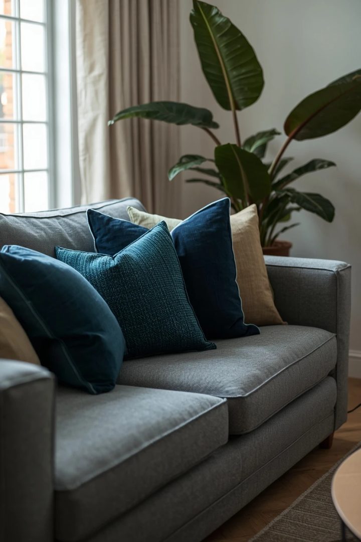 grey settee with blue and green accents