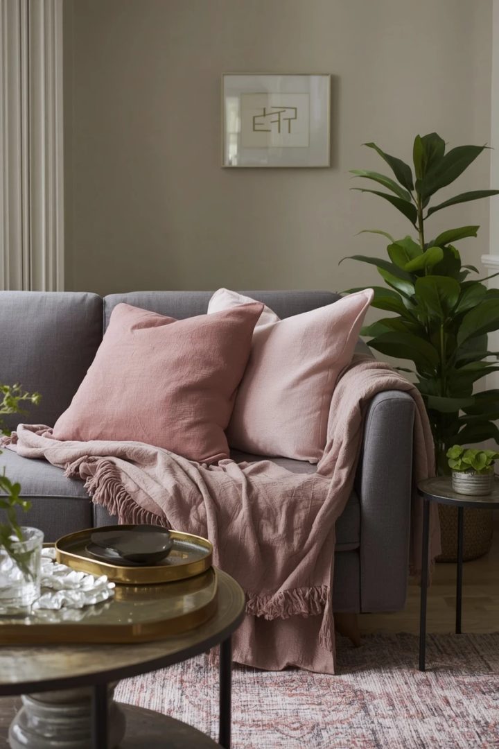 grey settee living room with soft blush pink accents