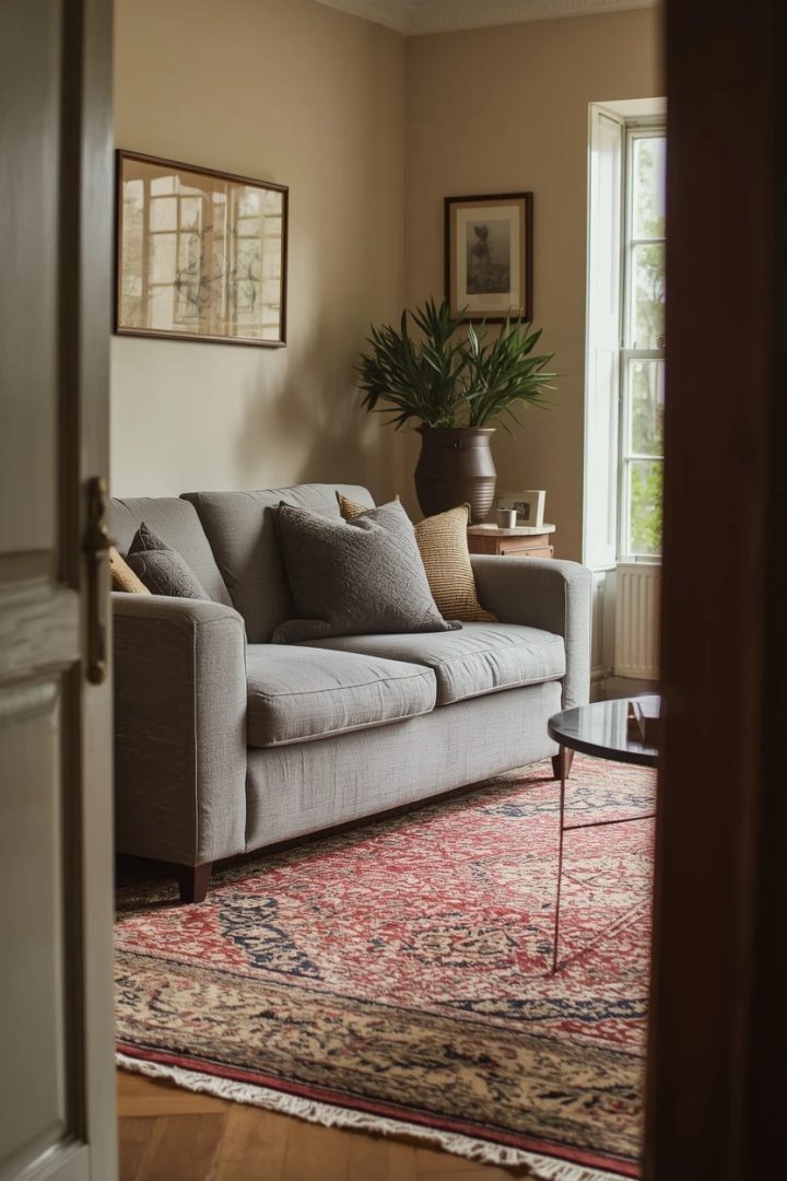 grey settee grounded with a patterned rug