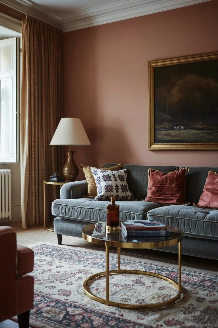 grey settee with brass and gold metallic accents