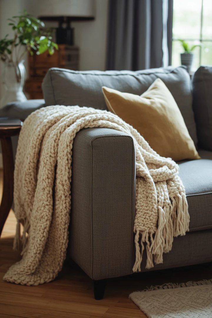 grey settee with a cosy knit throw blanket
