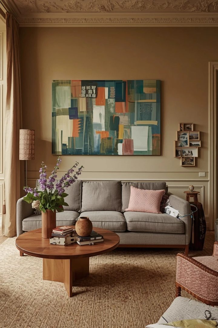 grey settee living room framed with colourful art