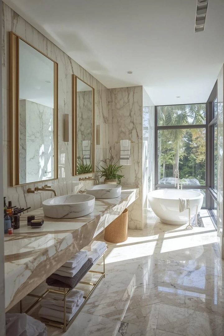 13. Dramatic Veined Stone Vanity