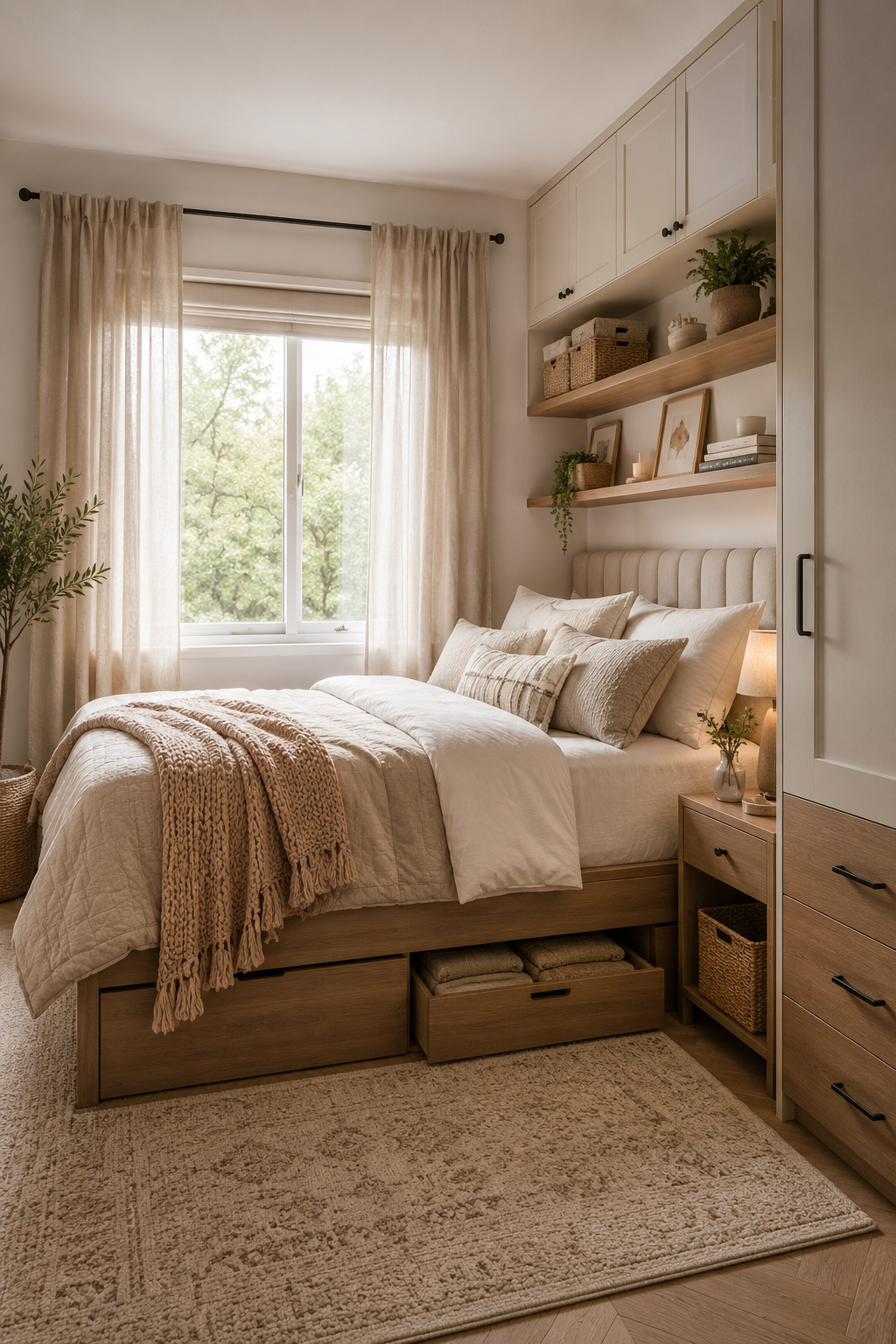 16 Beautiful Small Bedroom Decor Ideas with Smart Storage and Soft Texture