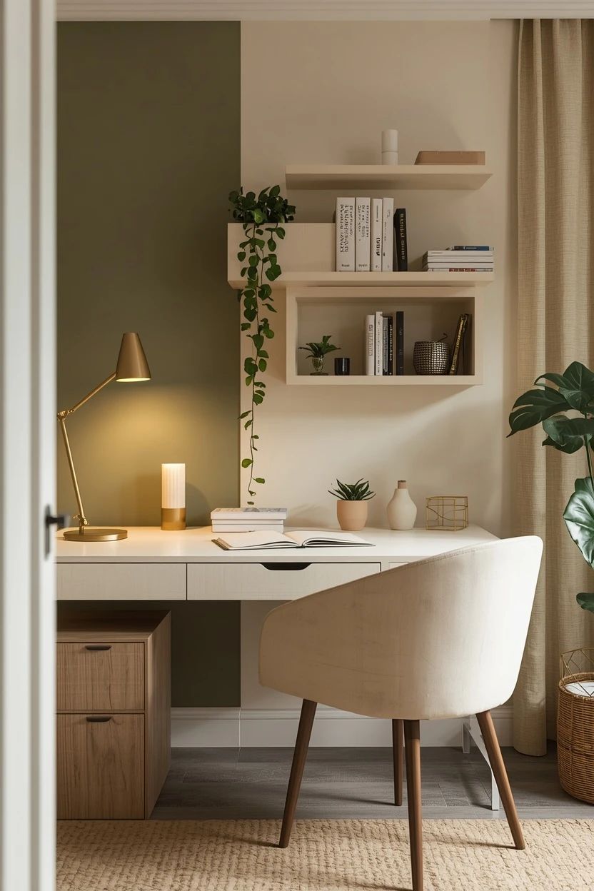 19 Olive, Cream & Gold Home Office Desk Setup Ideas