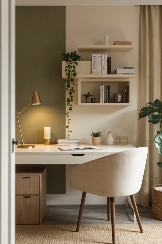 19 Olive, Cream & Gold Home Office Desk Setup Ideas