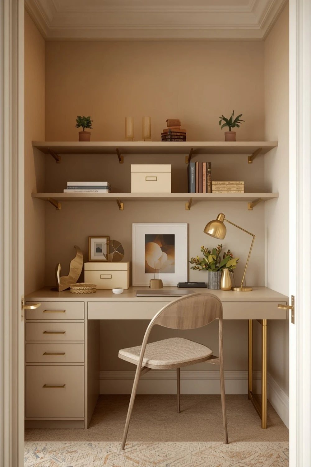 23 Greige and Brass Home Office Shelving Ideas for a Stylish Desk Setup