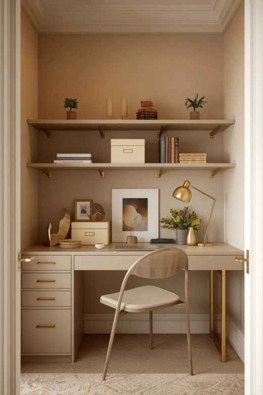 23 Greige and Brass Home Office Shelving Ideas for a Stylish Desk Setup